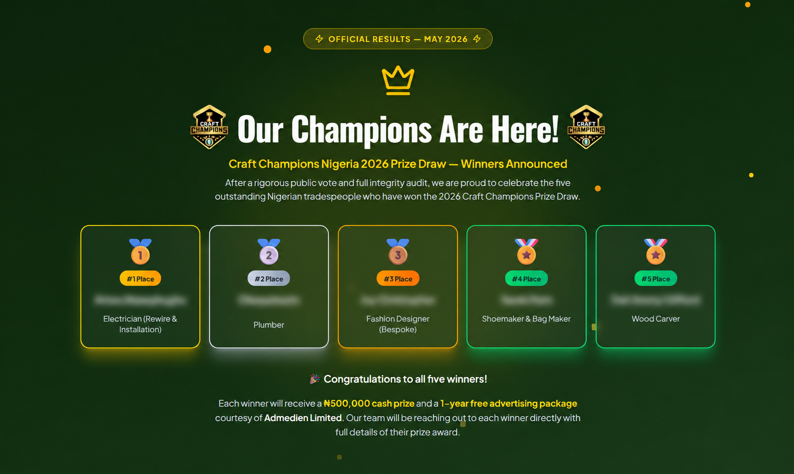 Craft Champions winner's announcement page