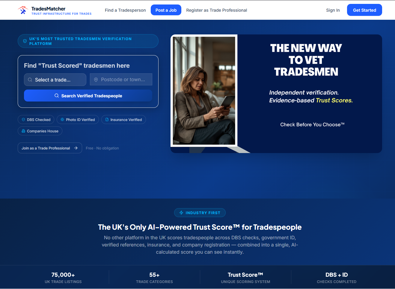 Hero section of TradesMatcher landing page