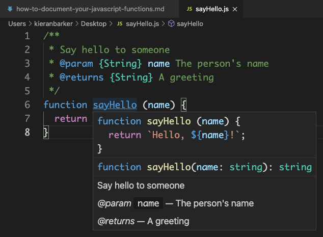 A screenshot showing that VS Code surfaces JSDoc comments when the user hovers over a function name.