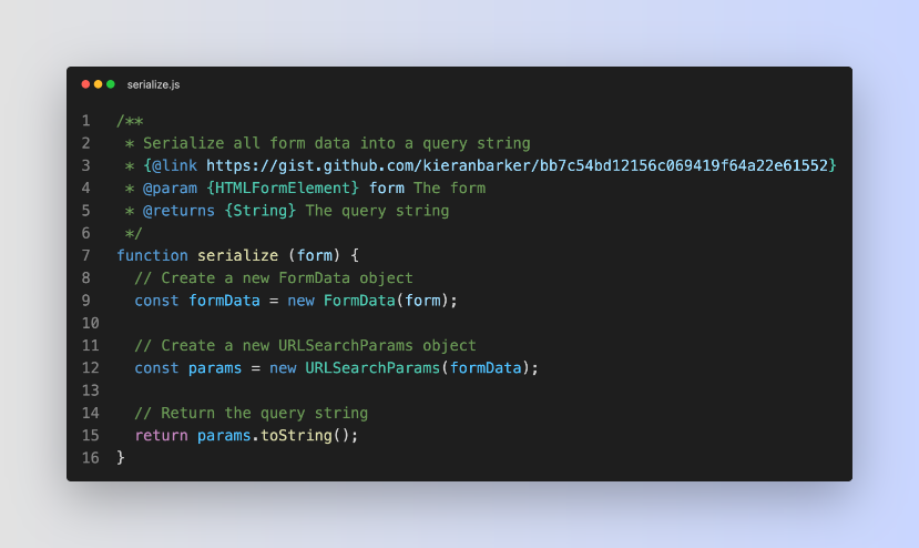 A screenshot showing my serialize.js helper function in a code editing window.