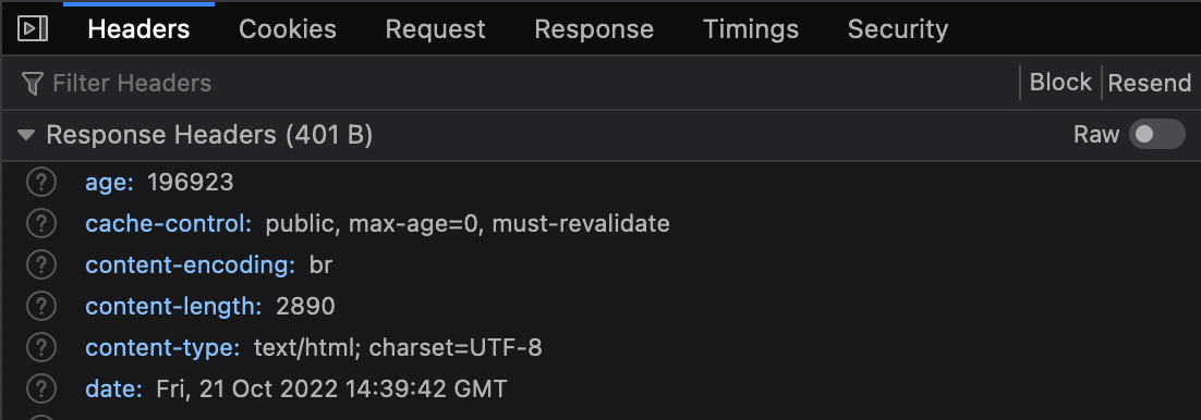 A screenshot of the network request details pane in Firefox 106. The Headers tab is selected and some of the response headers are visible.
