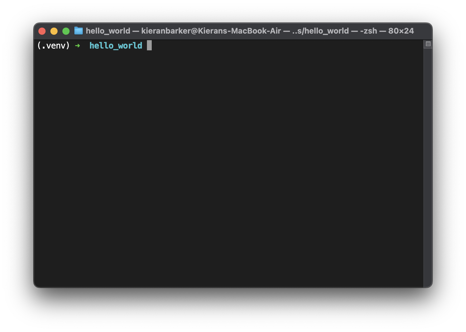 A screenshot of the Terminal app on macOS with Oh My Zsh installed. The shell prompt begins with the name of the virtual environment in parentheses.