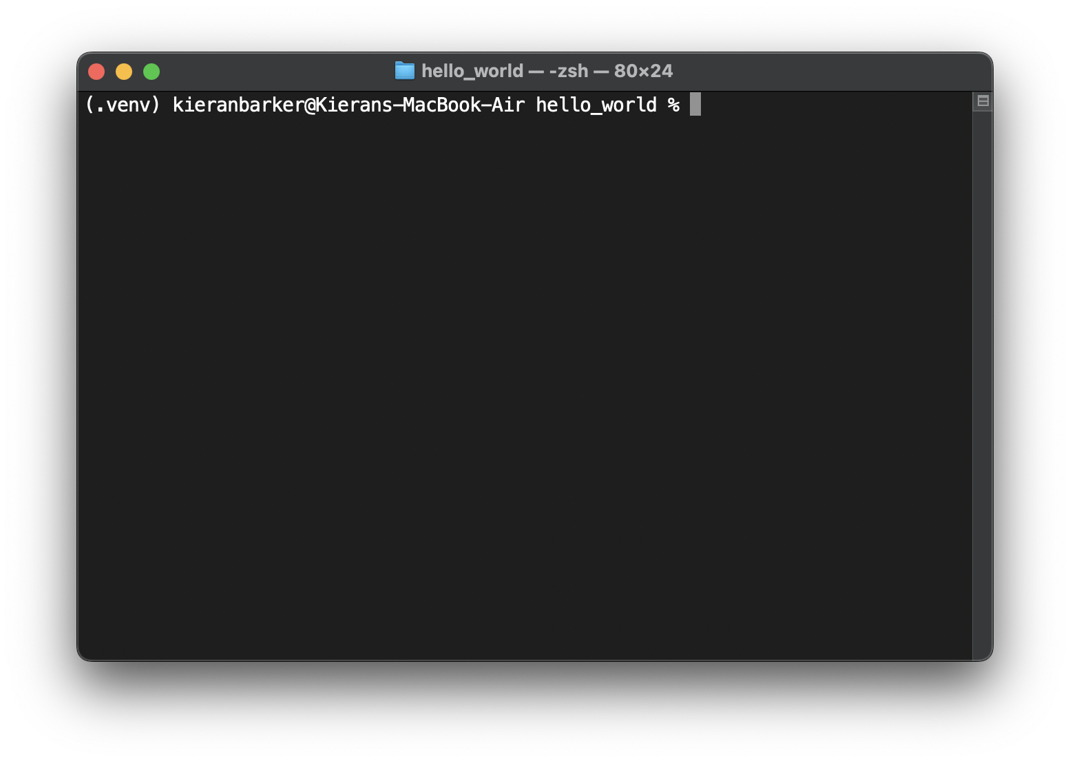 A screenshot of the Terminal app on macOS. The shell prompt begins with the name of the virtual environment in parentheses.