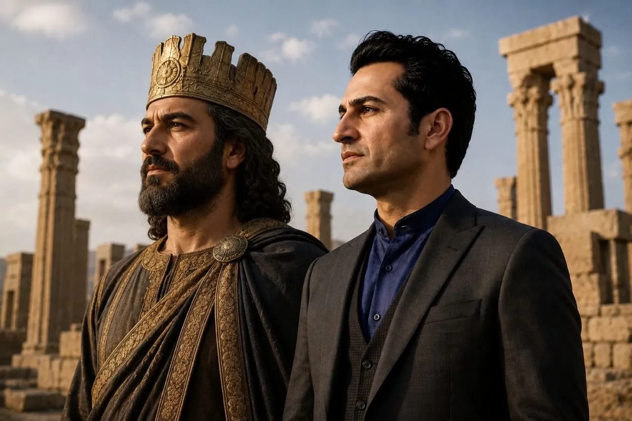 Cyrus the Great and the President of U.S.S.F.E.T.C. before the columns of Persepolis