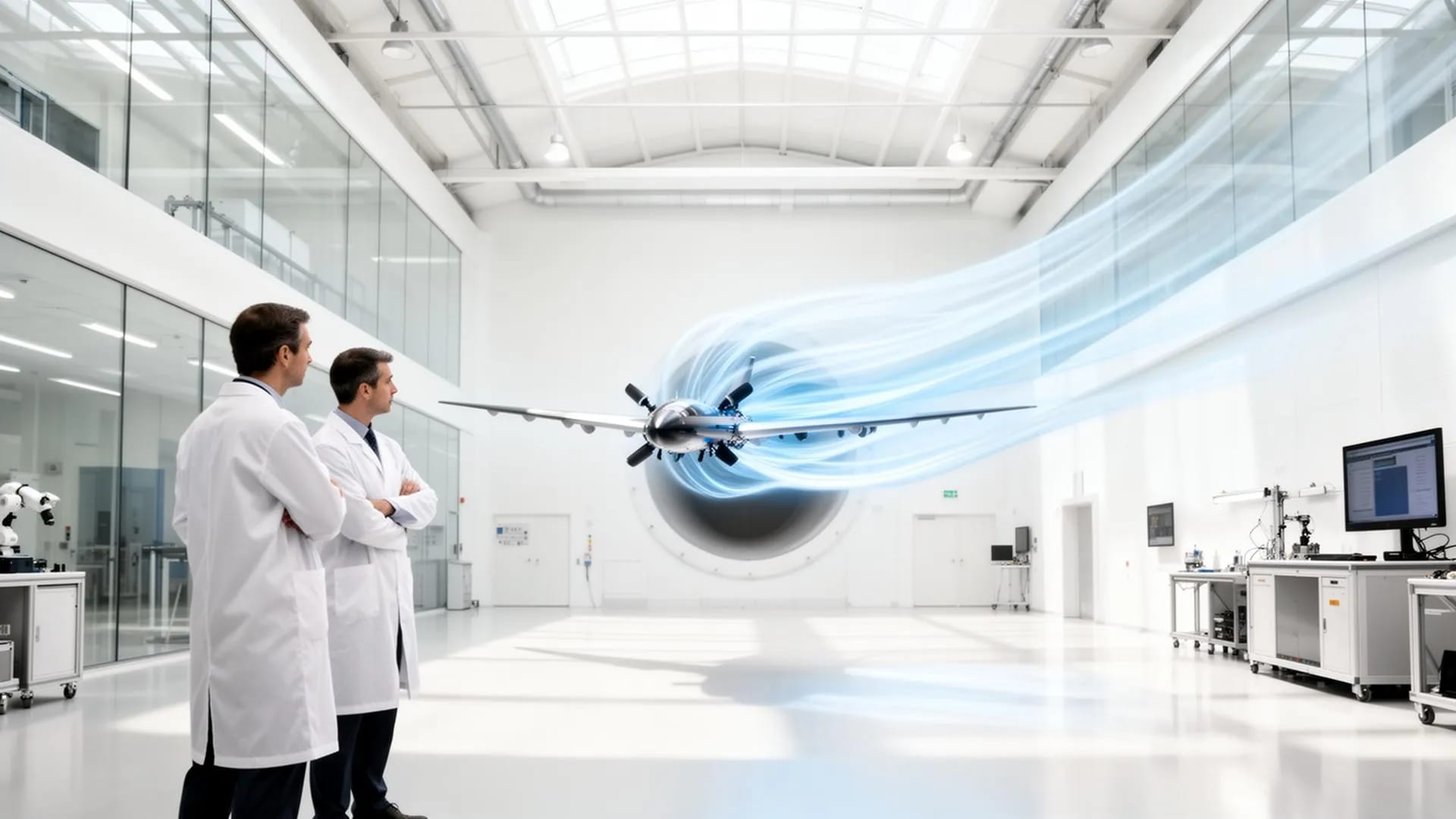 Wind tunnel laboratory with a prototype under aerodynamic flow analysis