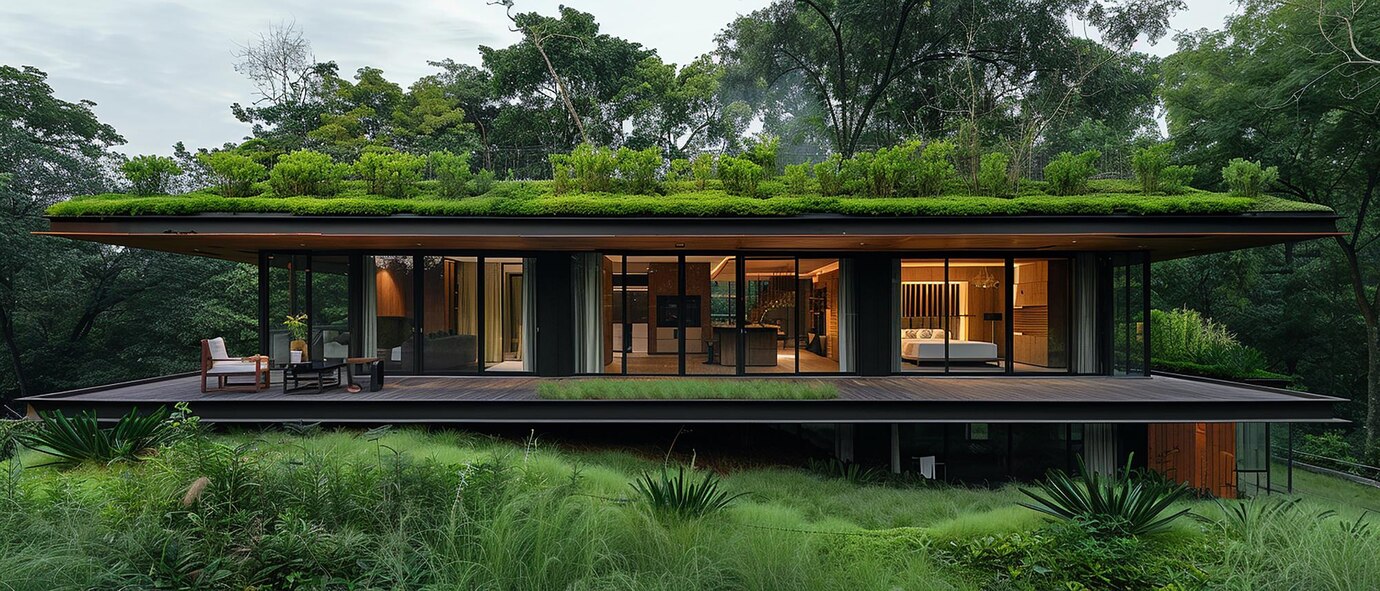 Vue aérienne d'une maison moderne minimaliste avec de grandes fenêtres et un toit vert