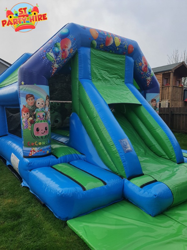 Front Slide Bouncy Castle Combi Green Blue Coco Theme ST Party Hire