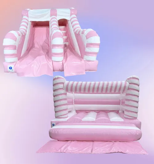 Pink And White Candy Twist Castle And Slide Package, a bounce and slide combo for hire from Jaimie's Castles