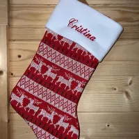 Christmas Stocking Red Intarsia Reindeer