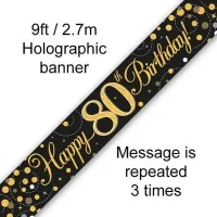 Sparkling Fizz Numbered Birthday Black & Gold 9ft/2.7m Holographic Banner