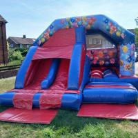 Blue Red Balloon Party Double Lane Front Slide Bouncy Castle