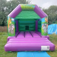 Green Jungle Themed Bouncy Castle With Giraffe, Gorilla, Elephant And Monkey.