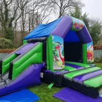 Green And Purple Dinosaur Disco Side Slide Combi Bouncy Castle