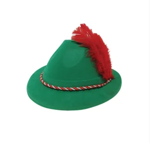 Green Bavarian Plastic Hat With Red Feather