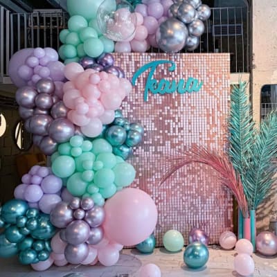 Pink Sequin Shimmer Wall Featuring Balloons And Personalised Decor In Welling By Deluxe Flower Walls