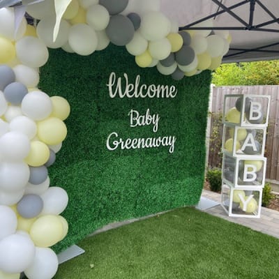 Grass Backdrop With Balloon Arch And Baby Blocks For A Baby Showerby Deluxe Flower Walls.