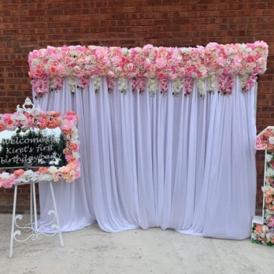 Pink Draped Flower Wall, Welcome Sign And Led Number For A First Birthday Event By Deluxe Flower Walls