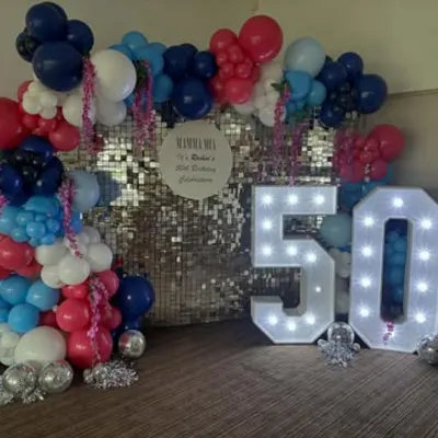 50th Birthday Party Decorations, Sequin Wall With Led Numbers And Balloon Arch In Wilmington Kent