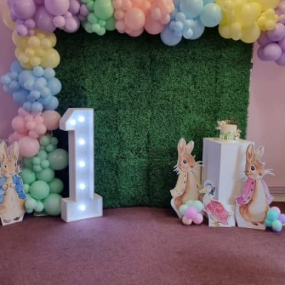 Grass Childrenu2019s Party Backdrop With Balloons And Led Number 1