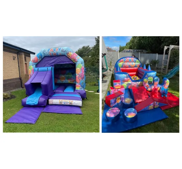 Blue And Purple Front Slide Combi Castle And Party Time Soft Play Package