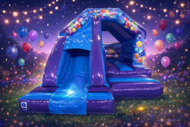 Blue And Purple Party Time Castle Combi With Slide