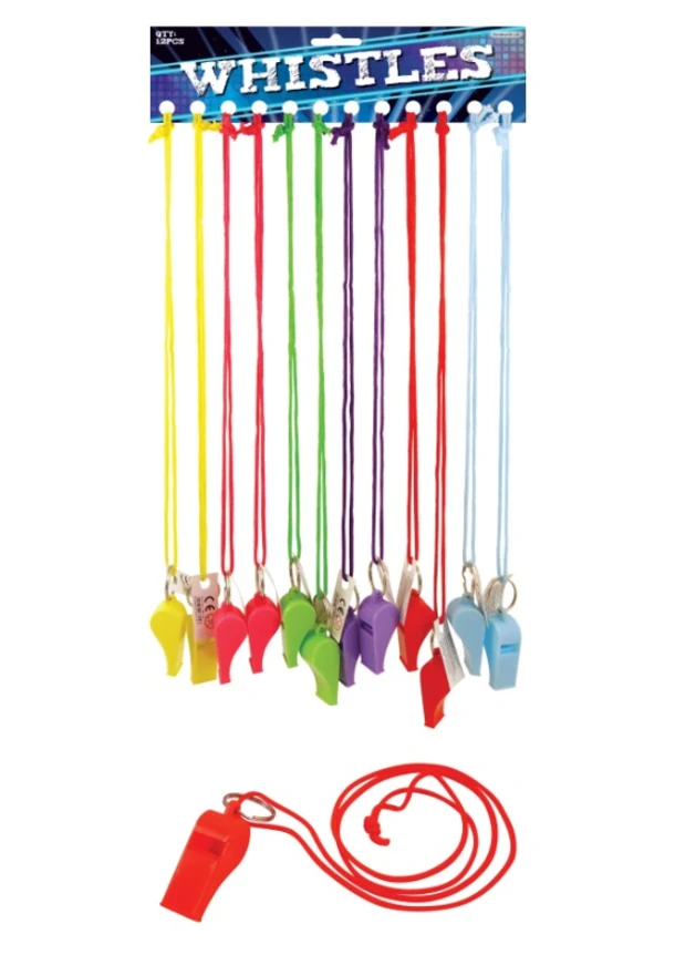 Pack Of 12 Whistles In Assorted Colours With Cord