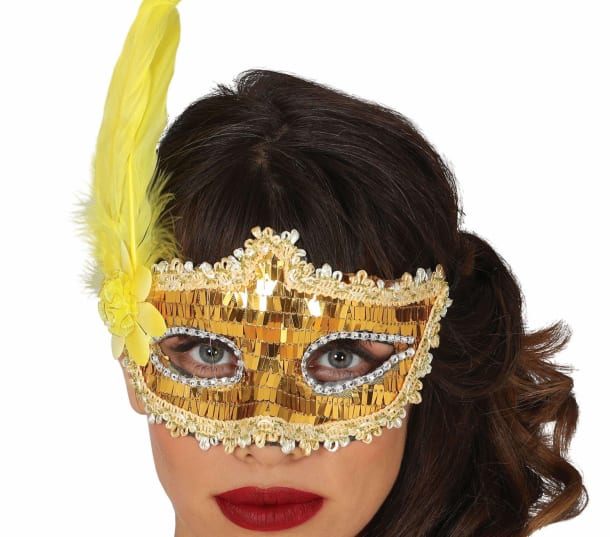 Gold Sequin Mask With Feather