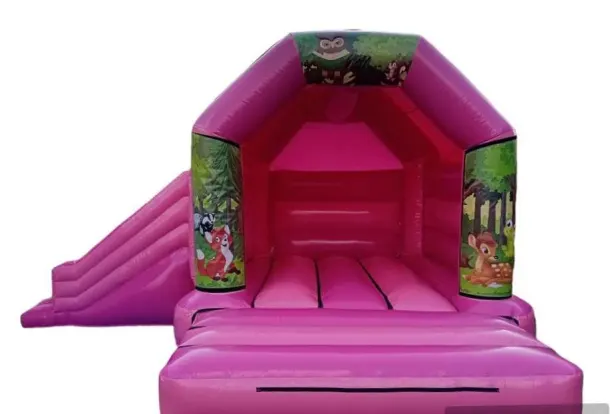 Pink Side Slide Bouncy Castle Woodland Animals Theme