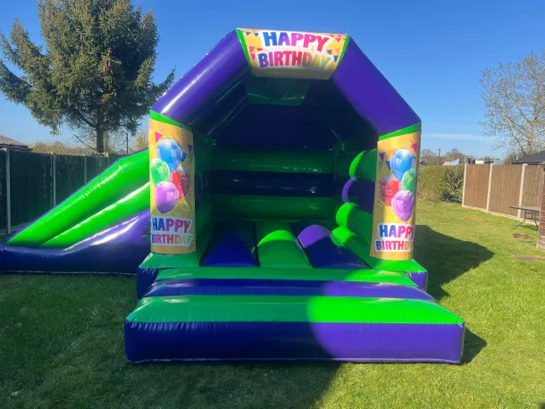 Happy Birthday Themed Green And Purple Castle With Side Slide