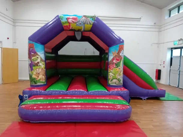 Red Green Purple Side Slide Combo Bouncy Castle Dinosaur Theme