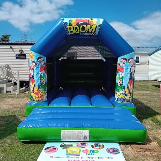 Green Blue Bouncy Castle 11x15 Superhero Theme