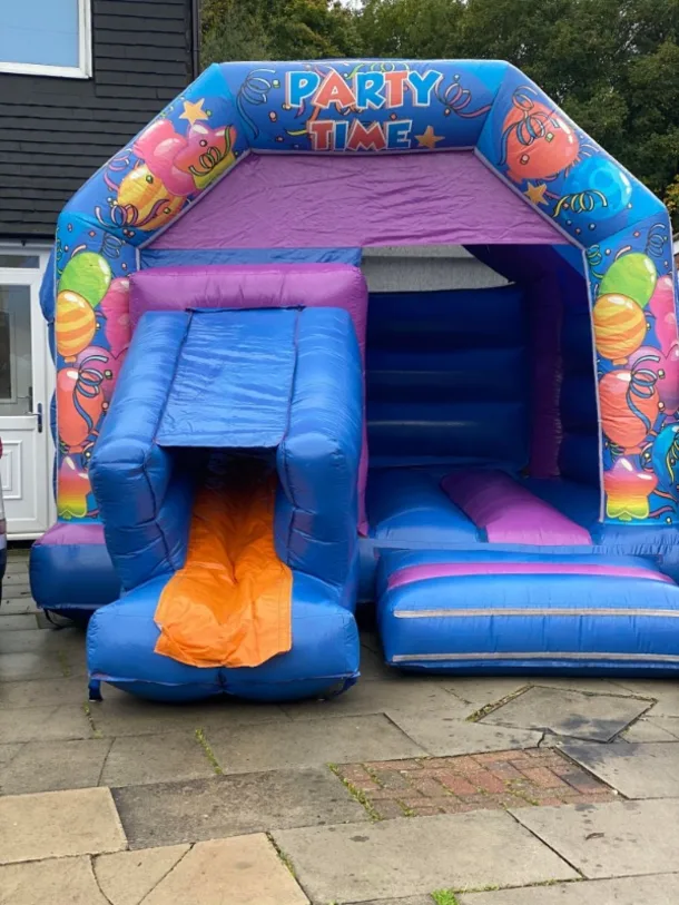 Purple And Blue Party Time Castle 12x18ft With Front Slide