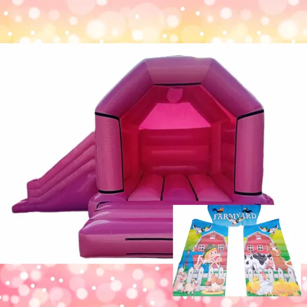 Pink Side Slide Bouncy Castle Farmyard Theme