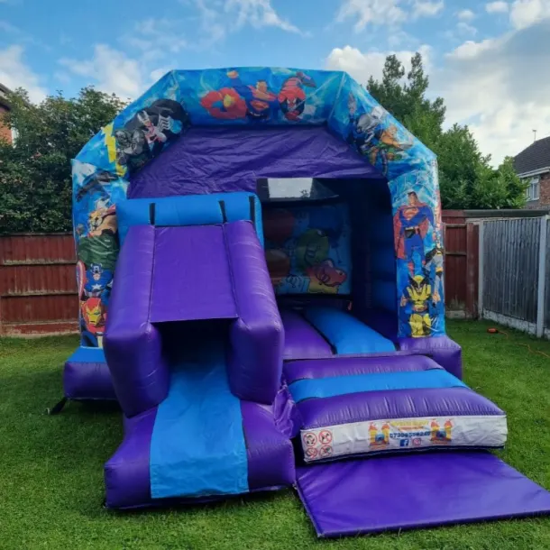 Blue And Purple 12ft X 16ft Superheroes Front Slide Combi Castle