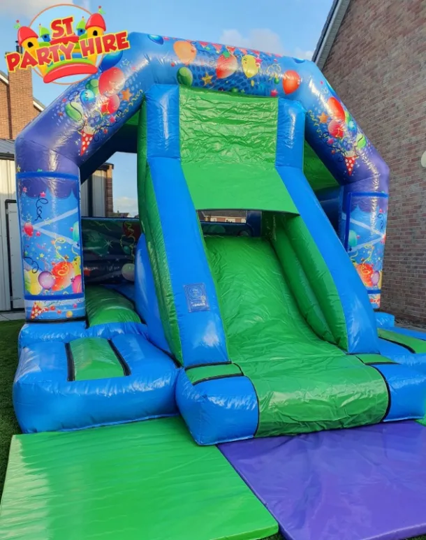 Front Slide Bouncy Castle Combi - Green Blue Party Theme