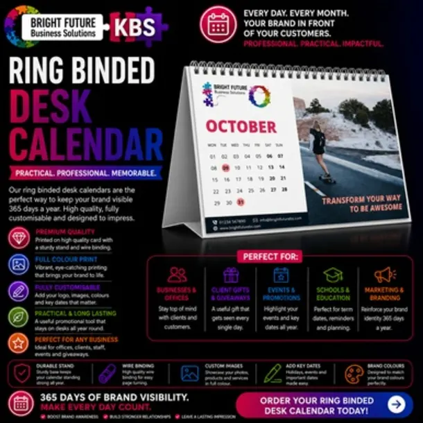 A5 Ring Binded Desk Calendar With Your Branding And 12 Month Design