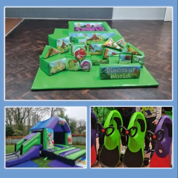 Green And Purple Dinosaur Side Slide Combi Bouncy Castle And Soft Play Package