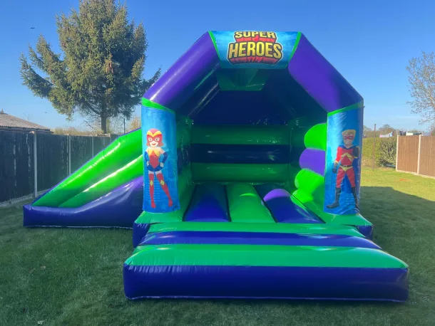 Super Heroes Themed Green And Purple Castle With Side Slide