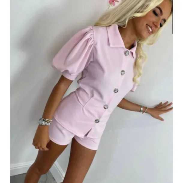 Pink Puff Sleeve And Top  Shorts Set