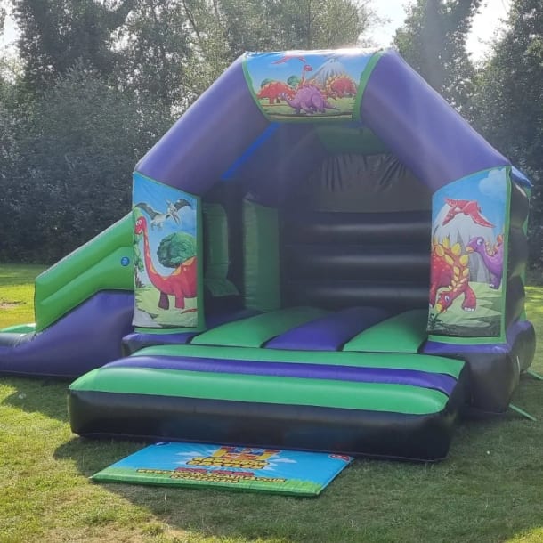 Green And Purple Dinosaur Disco Side Slide Combi Bouncy Castle