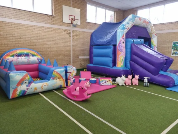 Blue And Purple Unicorn Front Slide Combi Castle And Soft Play Package