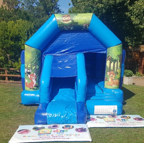 Blue Front Slide Combo Bouncy Castle Woodland Animals Theme
