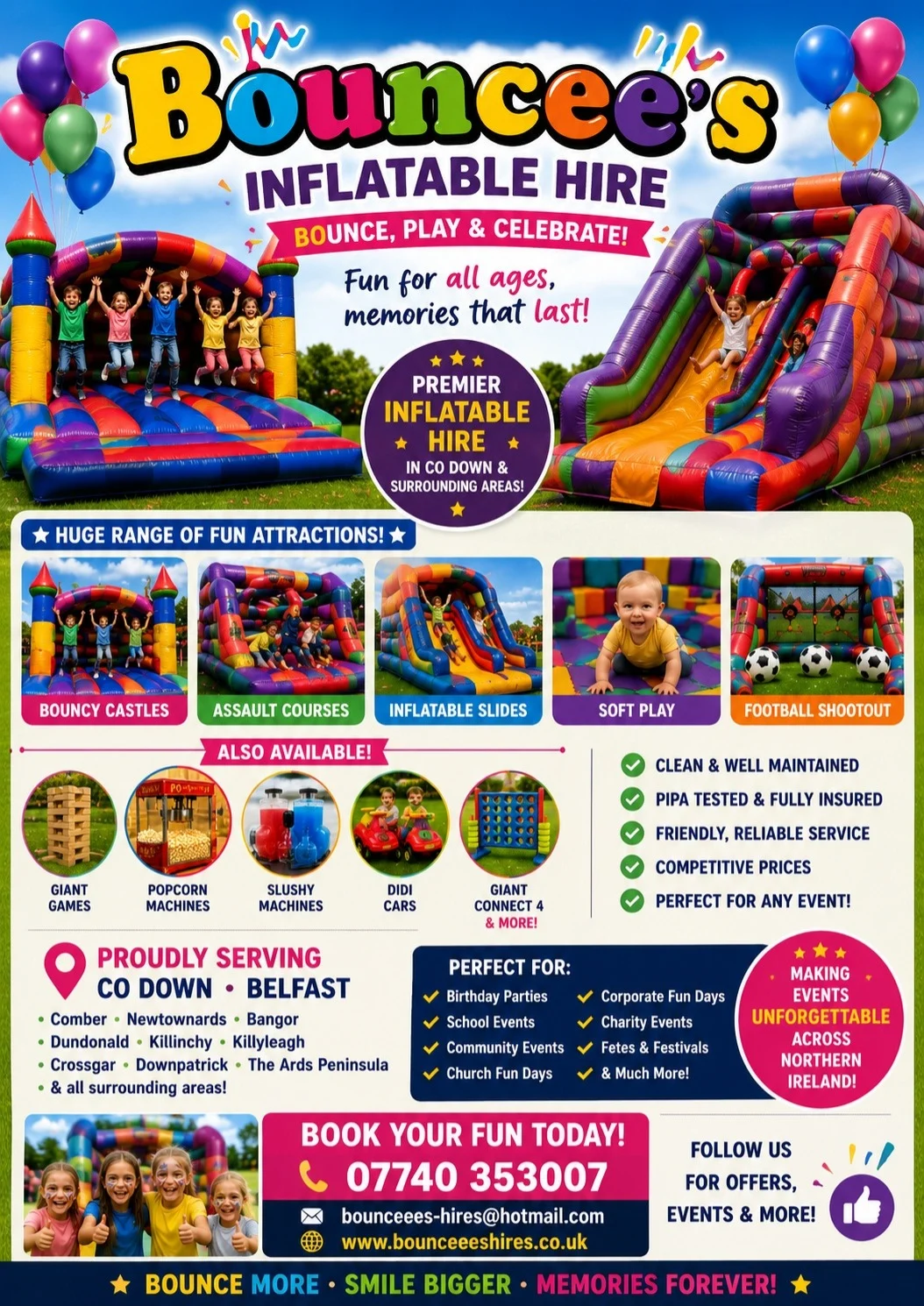 BouncEE's Inflatable Hires Bouncy Castle Hire, Soft Play Hire, Assault Course Hire, Co Down, Northern Ireland Serving Comber, Newtownards, Bangor, Dundonald, Killinchy, Killyleagh, Crossgar, Downpatrick, the Ards Peninsula and Belfast and all surrounding areas