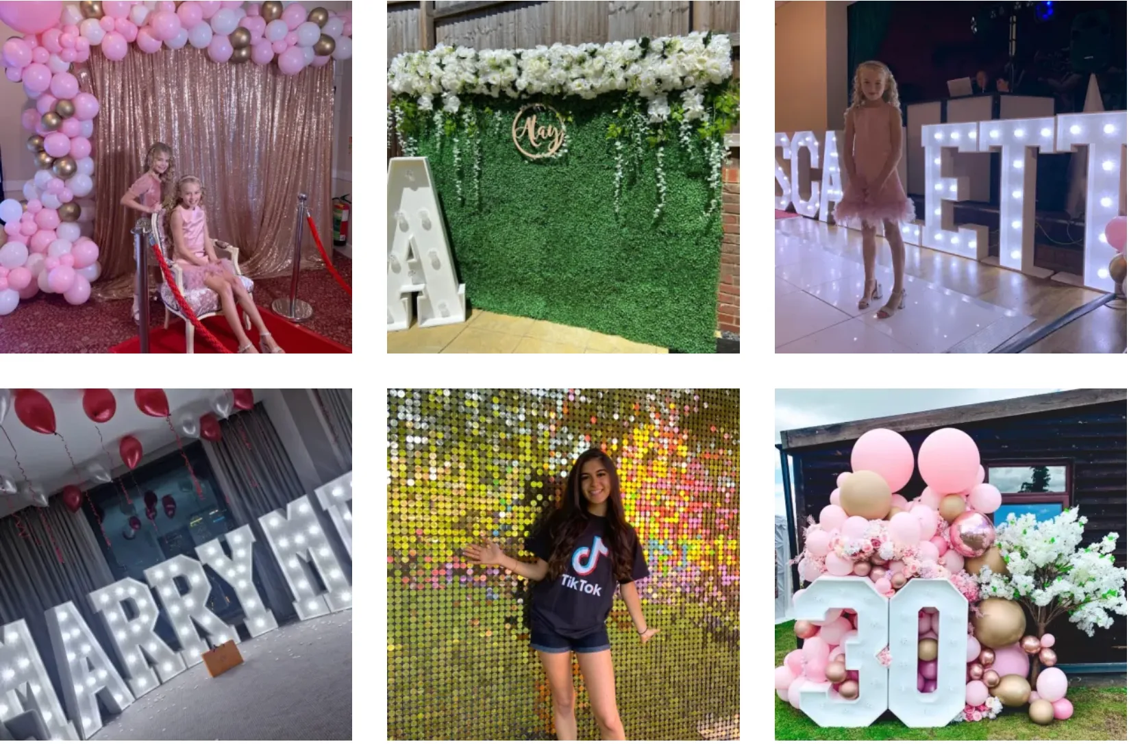 30th birthday decorations to hire, Children's party backdrop and colourful balloons, Pink sequin wall and hello gorgeous sign for a teenage party, Grass children's party backdrop with balloons and led number 1