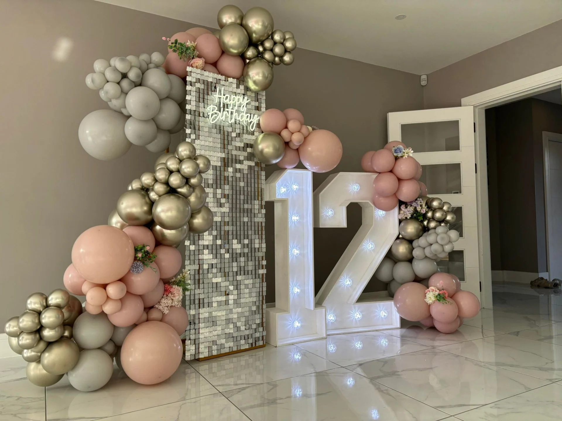 sequin wall led numbers and balloon display