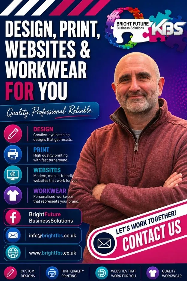 Bright Future Business Solutions Business Cards, Leaflets, Pop Up Banners, Pvc Banners, Logo Design, Duplicate Pads, Stickers, and so much more - based in Southampton, Hampshire.