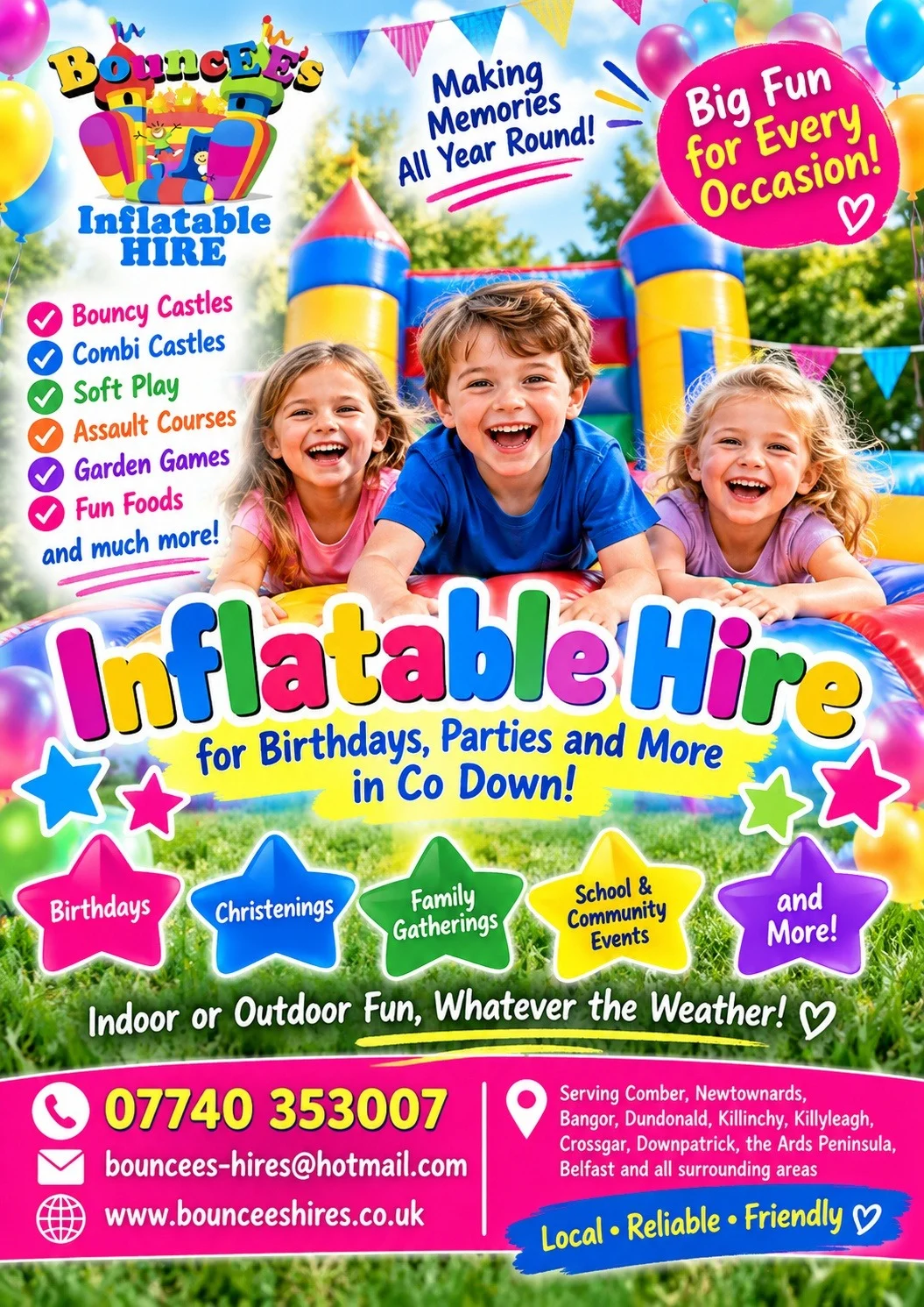 BouncEE's Inflatable Hires Bouncy Castle Hire, Soft Play Hire, Assault Course Hire, Co Down, Northern Ireland Serving Comber, Newtownards, Bangor, Dundonald, Killinchy, Killyleagh, Crossgar, Downpatrick, the Ards Peninsula and Belfast and all surrounding areas