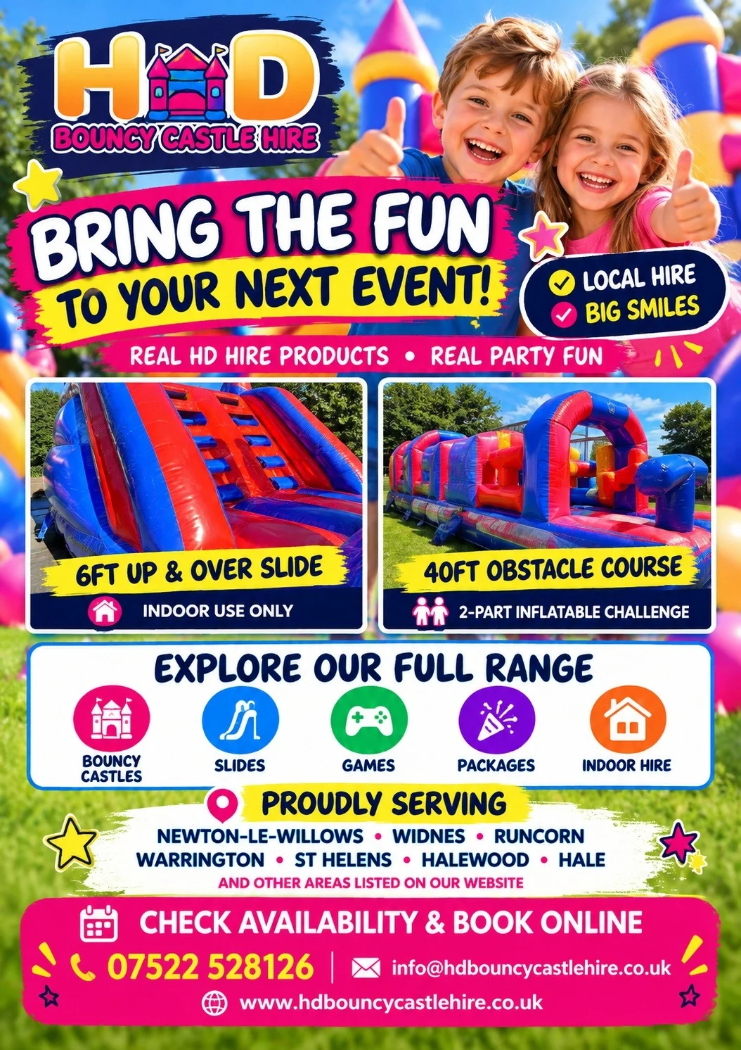 HD Bouncy Castle Hire Your premier destination for bouncy castle and inflatable games in Newton-Le-Willows, Widnes, Runcorn, Warrington, St Helens and surrounding areas