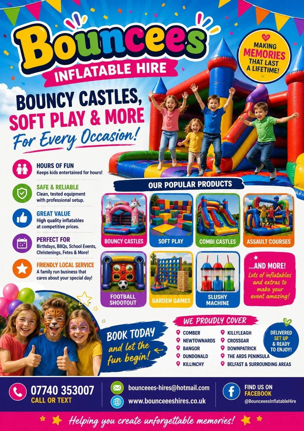 BouncEE's Inflatable Hires Bouncy Castle Hire, Soft Play Hire, Assault Course Hire, Co Down, Northern Ireland Serving Comber, Newtownards, Bangor, Dundonald, Killinchy, Killyleagh, Crossgar, Downpatrick, the Ards Peninsula and Belfast and all surrounding areas BouncEE's Inflatable Hires Bouncy Castle Hire, Soft Play Hire, Assault Course Hire, Co Down, Northern Ireland Serving Comber, Newtownards, Bangor, Dundonald, Killinchy, Killyleagh, Crossgar, Downpatrick, the Ards Peninsula and Belfast and all surrounding areas