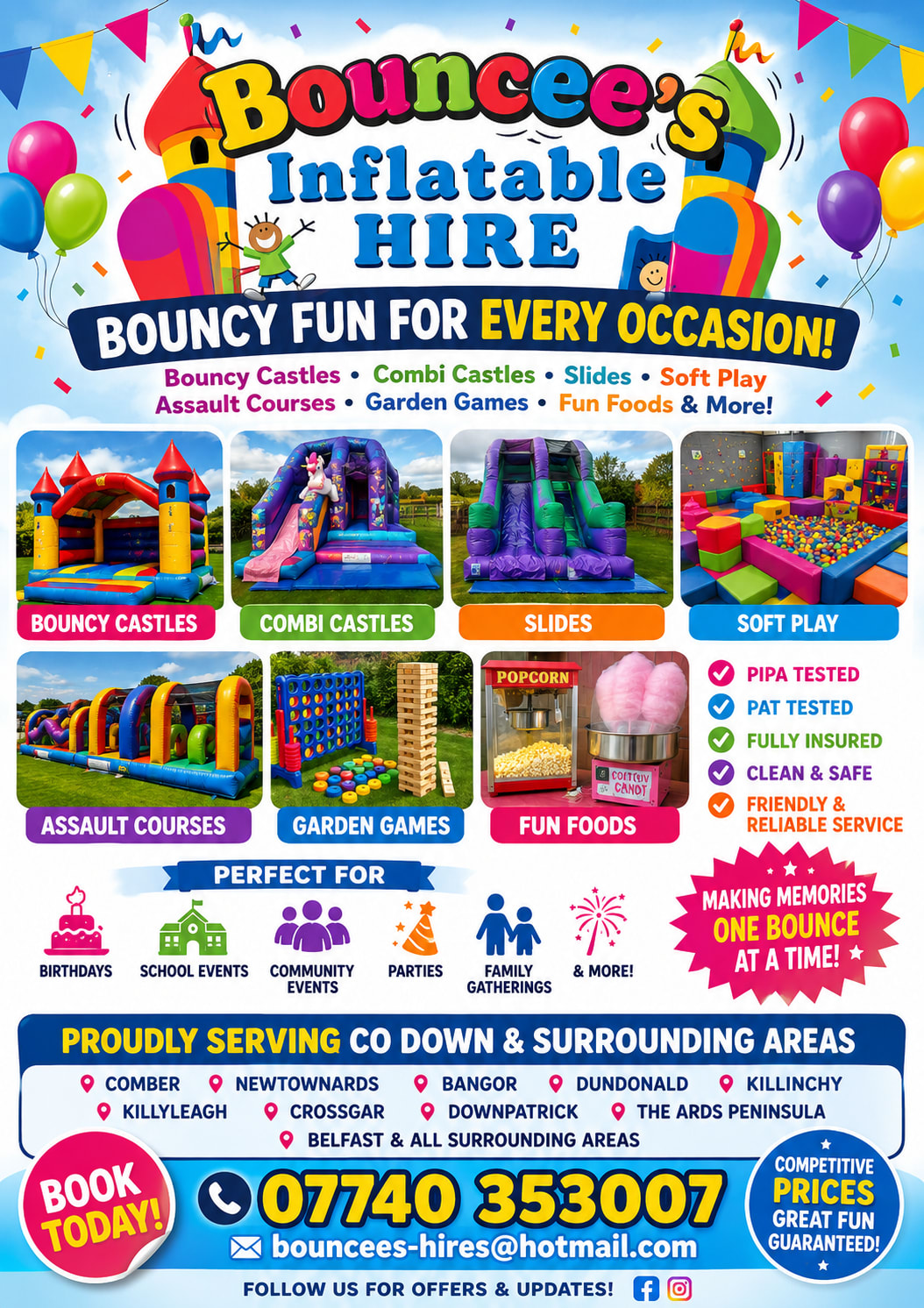 BouncEE's Inflatable Hires Bouncy Castle Hire, Soft Play Hire, Assault Course Hire, Co Down, Northern Ireland Serving Comber, Newtownards, Bangor, Dundonald, Killinchy, Killyleagh, Crossgar, Downpatrick, the Ards Peninsula and Belfast and all surrounding areas